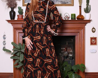 Vintage 70s Black Art Nouveau Print Lace Maxi Dress XS-S