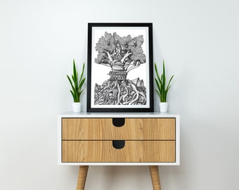 Treehouse, Giclee art print. Original drawing, Black and white art, Ink art, illustration, Ink drawing, Fine art, art print, art, drawing