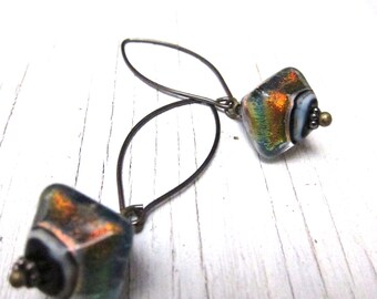 Amber Iridescent Glass Earring, Rustic Murano Glass Earrings