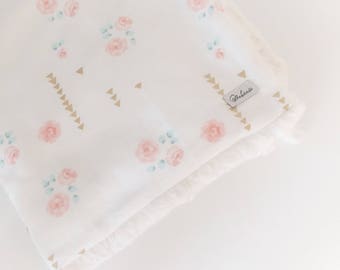 Baby GIRLS Blanket - LOVEY Blanket / Rose Floral Lovey/ Fur Baby Blanket / Mini Baby Blanket / Baby Girl Nursery Blanket -READY to Ship