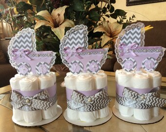 Lavender and grey chevron baby shower centerpieces/Girl baby shower centerpieces/Baby Carriage centerpieces:Lavender and grey diaper cakes