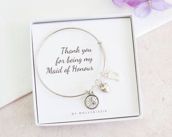 Personalised Maid of Honour Gift, Bridesmaid Jewellery, Charm Bracelet, Silver Bangle, Wedding Favour, Thank You Gift For Maid of Honor