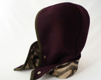 Hooded Scarf, Hooded Cowl in Purple: Festival Hood, Winter Hood, Women's Hats, Boiled Wool, Linen Lining, Geometric Patterned, Gift for Her