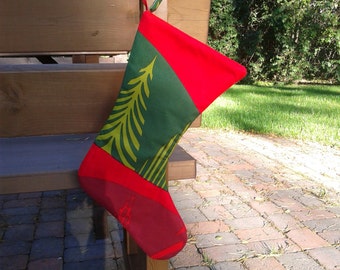 Christmas stocking made from Marimekko fabric Kultakero, red green family Santa stocking, modern Scandinavian Xmas fireplace decoration