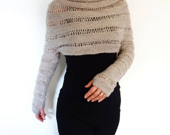 Sweater Knitting PATTERN - Oatmeal Cropped Thumb Hole Sweater/ Chunky Knit Shrug/ Adjustable Length