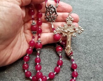 SALE Cranberry Red Rosary Handmade Sterling Silver St Michael Miraculous Medald HeartFelt Rosaries