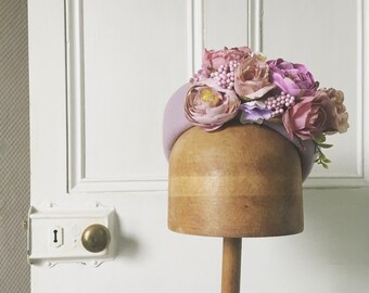 Pink floral pillbox hat, wedding hat, vintage style fascinator, flowers