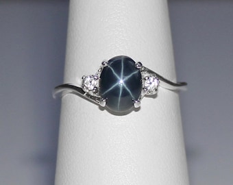 Genuine Blue Star Sapphire Ring Sterling Silver / Blue Star Sapphire Ring Silver / September Birthstone