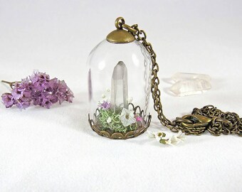 Quartz crystal terrarium necklace