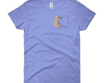 Sloth Hanging on a Pocket Tshirt -- Sloth on Pocket Women's Shirt for Sloth Lovers