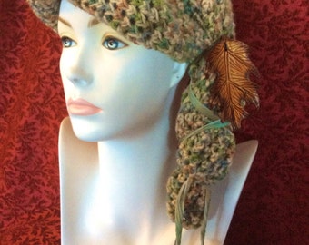 Green Heather Oak Cloche Crocheted Slouch Hat... knit yarn tied soft scarf cap bohemian boho