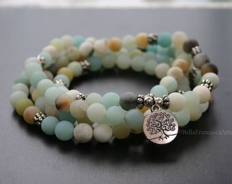 Mala Beads,Necklace,Frosted Amazonite,Gifts Under 20,108,8mm,Buddhist Prayer Bead,Tree of Life Charm,Bracelet,Zen,Rosary,Yoga Necklace