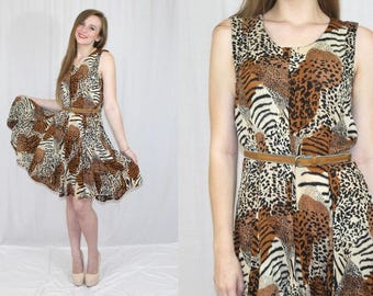 Vintage 90s LEOPARD Print Full Skirt Sleeveless Retro Midi Rayon GRUNGE Dress S