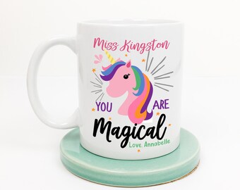 Thank you teacher rainbow unicorn mug. Personalised teacher gift idea. End of school teachers assistant | head teacher coffee mug present.