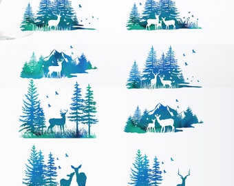 Forest scene clip art, forest illustration, forest silhouette, deer silhouette, pine tree clip art,forest clipart,watercolor clipart