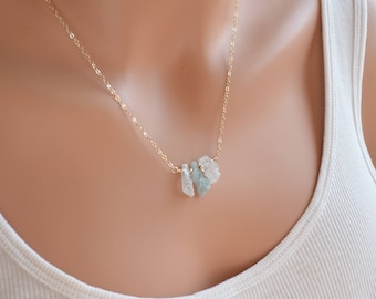 Raw Aquamarine Necklace, Gold Filled, Natural Gemstone Jewelry, Rough Nugget, March Birth Stone, Birthday Gift, Free Shipping