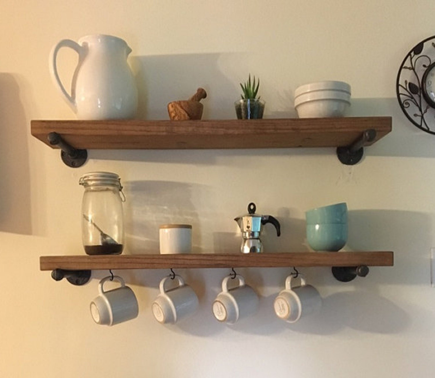 8 Deep Floating Coffee Cup Shelf Rustic Wood and Pipe