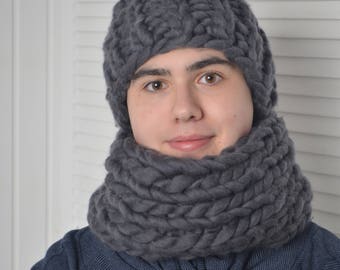 Mens Merino wool set, Chunky Hat, mens knit hat, cable knit hat, chunky knit scarf, Gray Hat, Chunky knit hat, Mens hat, chunky knit beanie