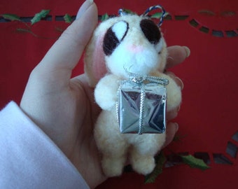 Christmas tree ornament – Needle felted nervous bunny plush – Upcycled