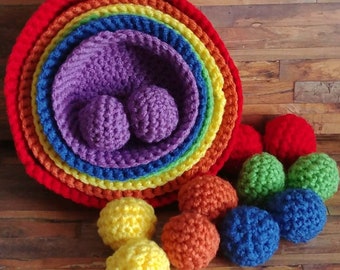 Rainbow color sorting crochet nesting bowls