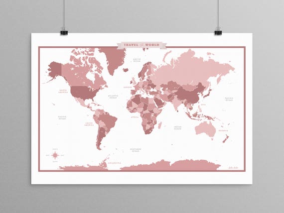 world map rose mauve a scandinavian modern design print