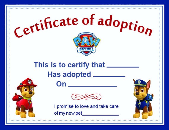 Paw Patrol Adoption Certificate Printable Digital