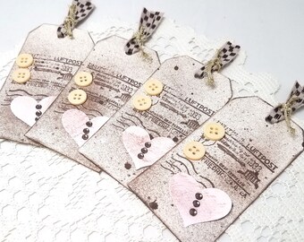 Brown and Pink Distressed Tags - Brown Mixed Media Gift Tags - Rustic Chic Gift Tags - Brown and Pink - Mixed Media Tags - Valentine Tags