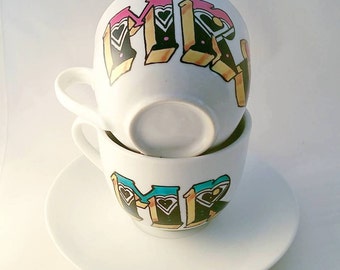 Hand painted 'Mr & Mrs' tea cups and saucers - hand lettering