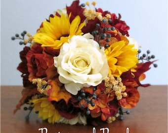 Orange, Burgundy Red , Ivory, Yellow, Navy Blue, Silk Flower Bouquet & Boutonniere, Roses, Dahlias, Sunflowers, Berries, "Sun Harvest"