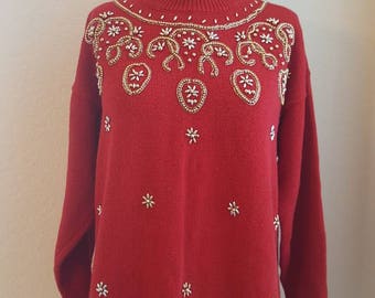 VINTAGE// Ugly Christmas sweater// 90's// Christmas party// Red// gold beads// size medium// mock neck// tunic