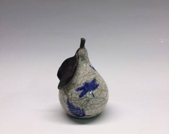 Ceramic Raku Pear with Cobalt Blue Dragonflies and Ferns