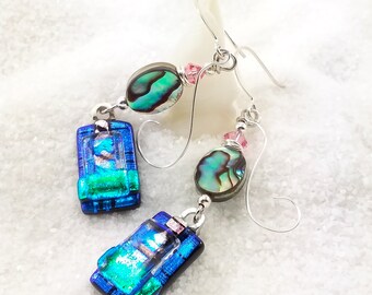 Abalone Shell jewelry, Fused glass earrings, dichroic glass jewelry, dichroic earrings, fused glass, glass earrings, blue earrings, glass