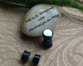 Fake Gauge Earrings, Horn Plugs with M.O.P. Inlay, Naturally Organic, Hand Carved, Tribal