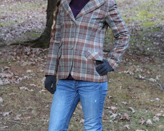 Vintage 70s Gray Rust PLAID Tudor Square 100% WOOL Retro Blazer Jacket Boho S