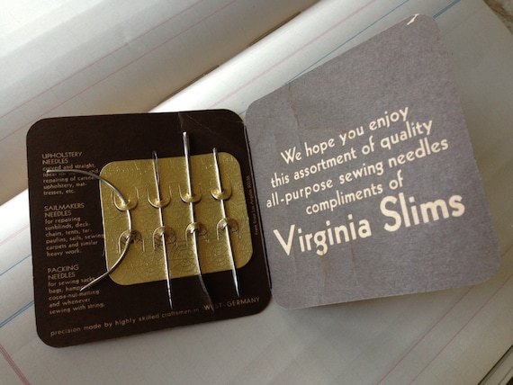Pack interior: We hope you enjoy this assortment of quality all-purpose sewing needles compliments of Virginia Slims