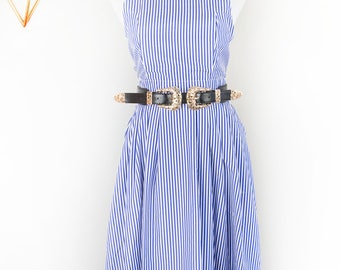 Vintage Blue White Stripped Dress Criss Cross Back