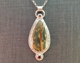 25% Off Cherry Creek Jasper and Garnet Cabochon Sterling Silver Metalwork Necklace Pendant