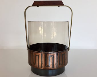 Mid century 60s ice bucket made of copper with a smoked glass use Golden handle with teak handle