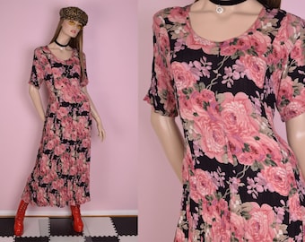 90s Floral Print Maxi Dress/ Medium/ 1990s/ Short Sleeve