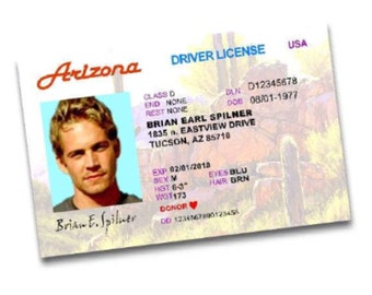 Fast and the Furious Drivers License - Arizona - Costume Prop, Paul Walker - Brian Spilner