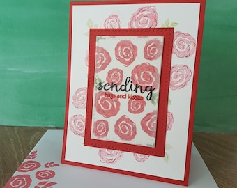 Handmade card - Red scribbly roses - Sending hugs and kisses - thinking of you - thanks, bedankt, merci, remerciement, bisous, calins
