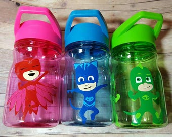 Set of 20 Gekko/Gecko, Catboy, owlette PJ party favors- 12 oz bpa free straw cups/water bottles/tumblers - mix & match masked characters