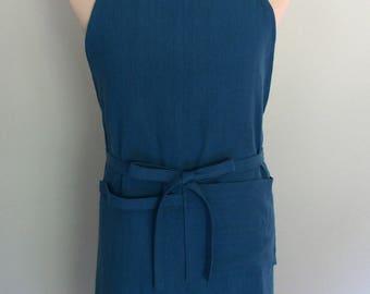 Linen Apron with Pockets and Towel Loop in Dark Teal Blue, Men's Apron, Extra Wide Apron, Parisian Blue Apron, Adjustable, Gift for Him
