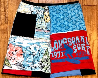 Women's summer upcycled skirt, beachwear coverup, upcycled clothing, recycled skirt, Size Large, artsy skirt, recycled repurposed