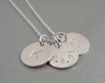 Three Initial Necklace - with date - Hand Stamped Jewelry - Date stamped Necklace - 1/2" Discs