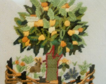 Vintage, Crewel, Needlepoint, Tree of Life. Framed, 16 1/4" x 19"