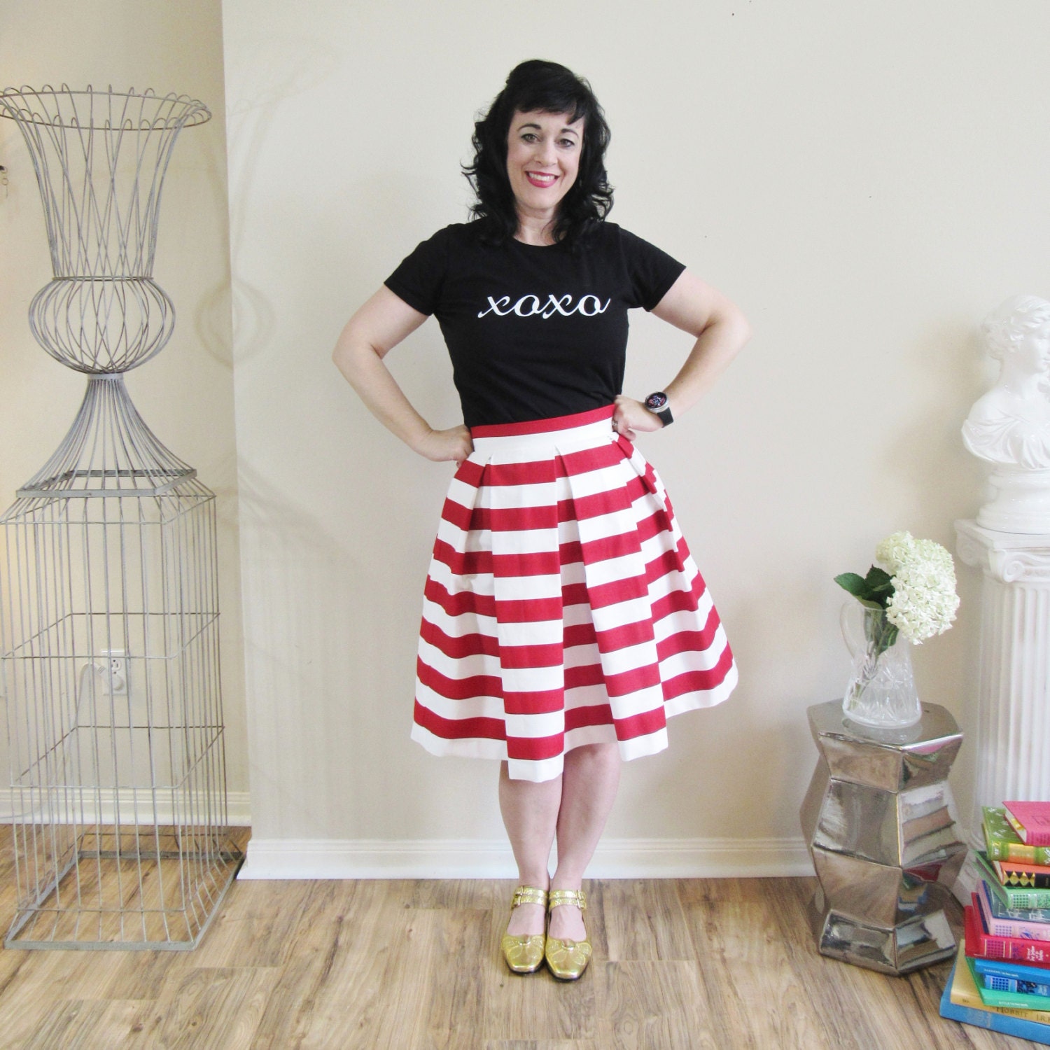 Red and White striped skirt Pleated Full Knee Length Midi