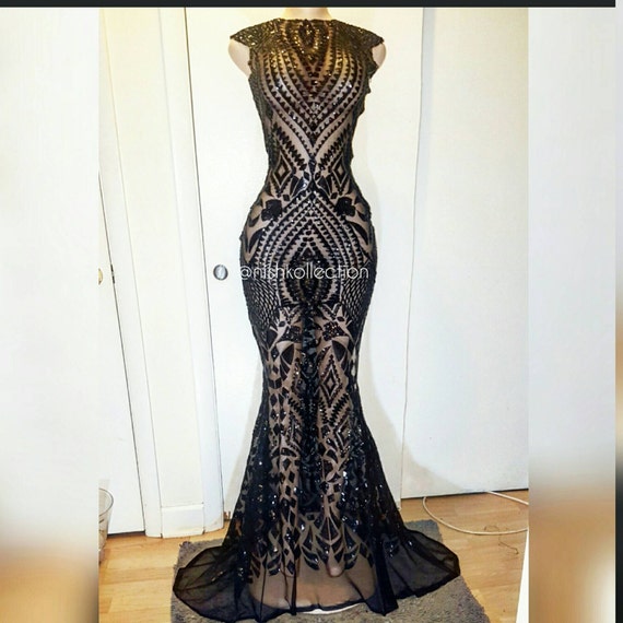 Custom Gabrielle prom black sheer lace sequin long mermaid