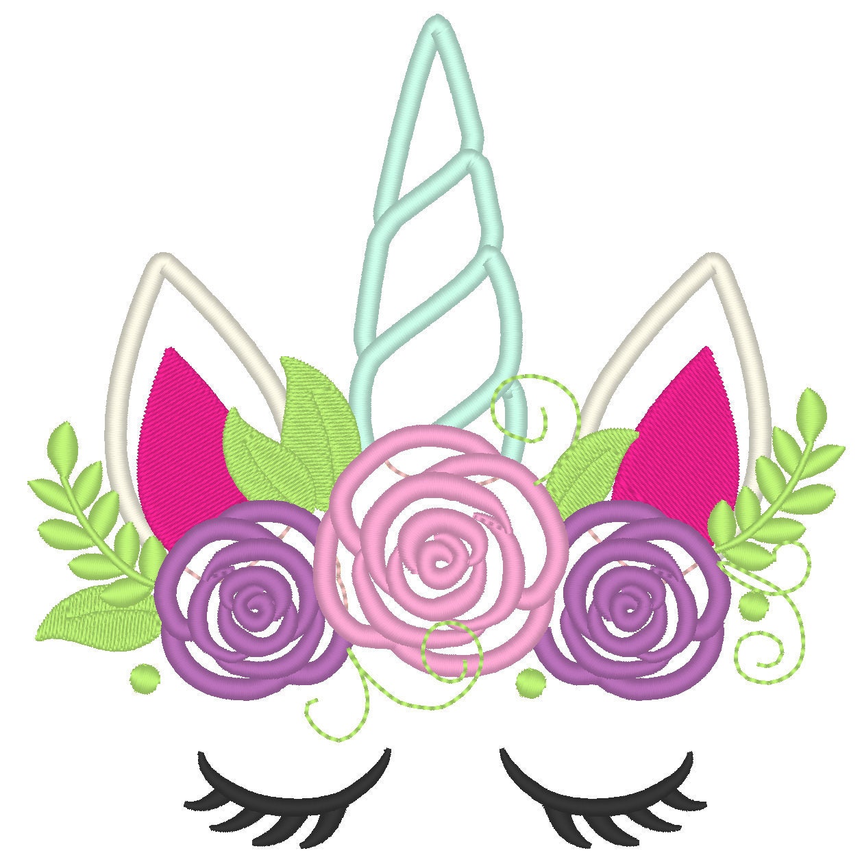 unicorn head with shabby chick roses crown applique design unicorn