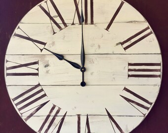 Billericay oversized vintage style painted wood wall clock 22" to 48" round with oversized Roman numerals